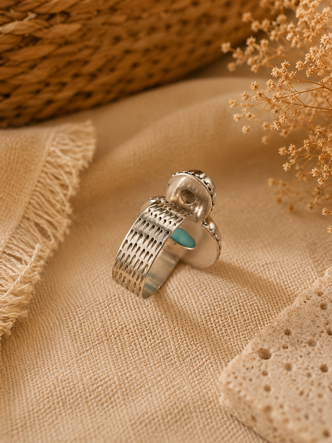 Cassia Ring – Larimar & Fresh Pearl Statement Ring in Sterling Silver | Handmade Boho Adjustable Ring | Ocean Inspired Jewelry - immagine 5