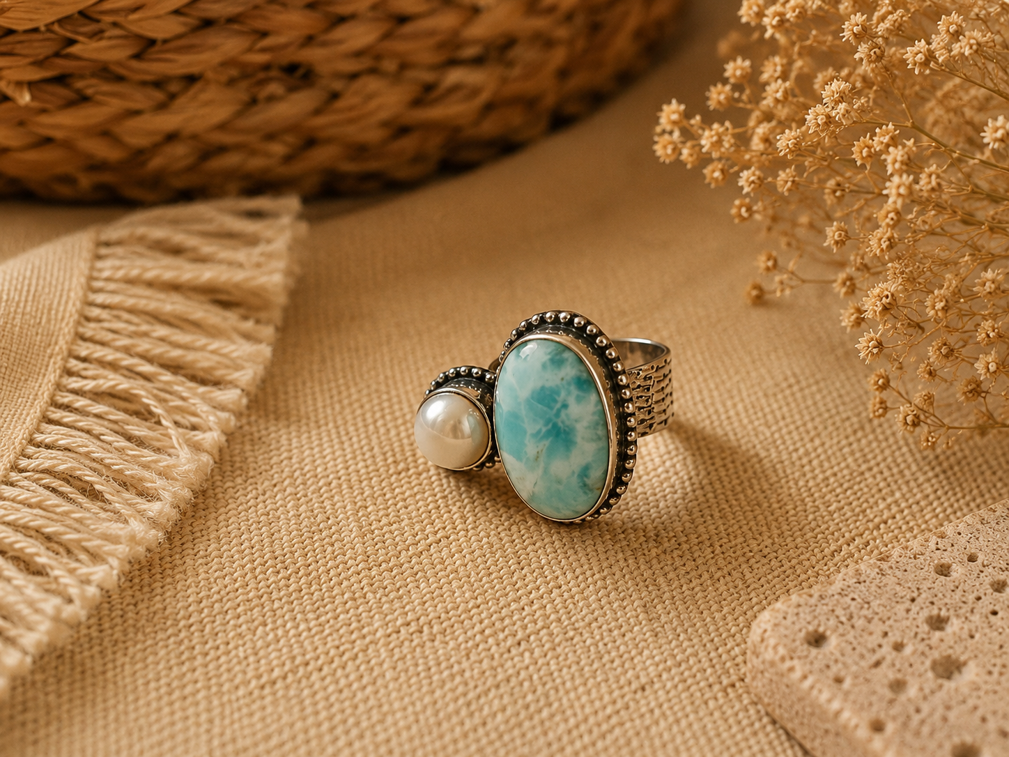 Cassia Ring – Larimar & Fresh Pearl Statement Ring in Sterling Silver | Handmade Boho Adjustable Ring | Ocean Inspired Jewelry - immagine 2