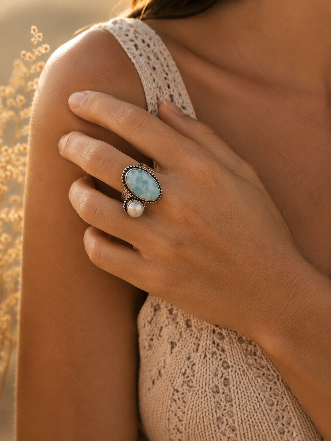 Cassia Ring – Larimar & Fresh Pearl Statement Ring in Sterling Silver | Handmade Boho Adjustable Ring | Ocean Inspired Jewelry - immagine 3