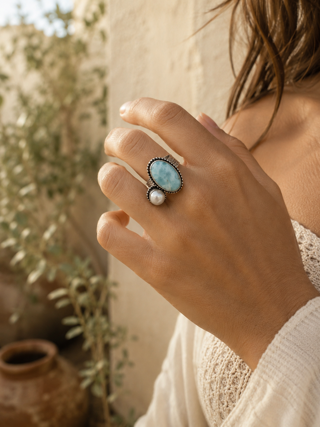 Cassia Ring – Larimar & Fresh Pearl Statement Ring in Sterling Silver | Handmade Boho Adjustable Ring | Ocean Inspired Jewelry - immagine 4