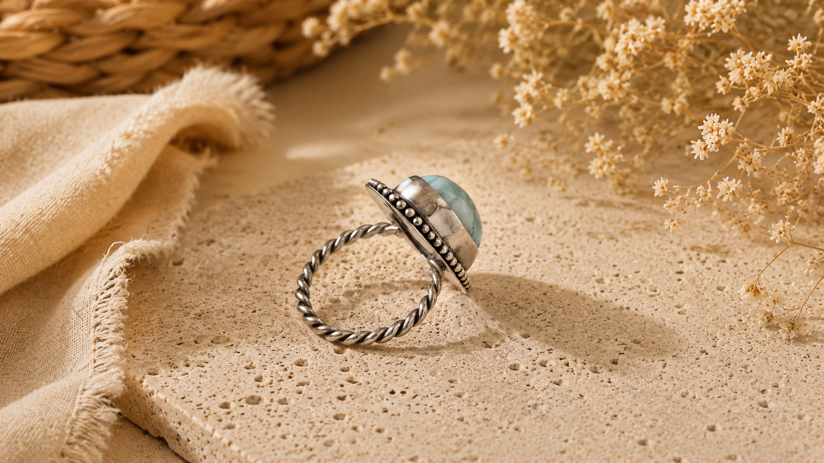 Cyra Larimar Ring – Sterling Silver Statement Ring – Handmade Boho Jewelry – Artisan Gemstone Ring – Ocean Blue Larimar Ring - immagine 8