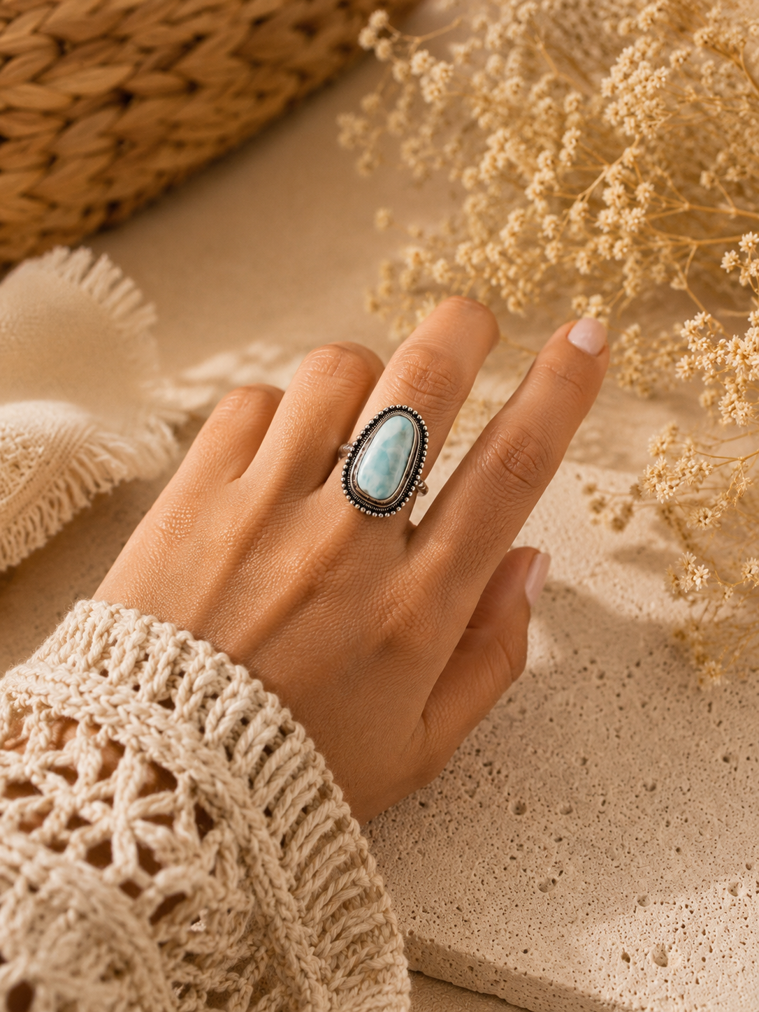 Cyra Larimar Ring – Sterling Silver Statement Ring – Handmade Boho Jewelry – Artisan Gemstone Ring – Ocean Blue Larimar Ring - immagine 6
