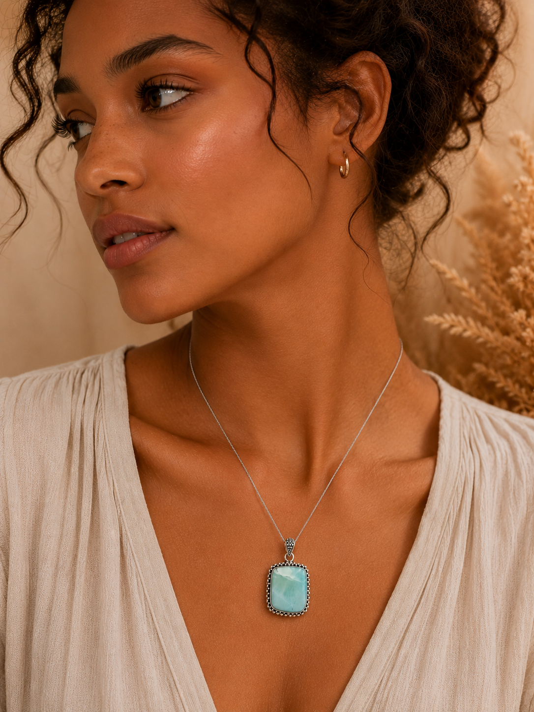 Daphne Larimar Pendant Sterling Silver 925 | Handmade Bali Jewelry | Larimar Gemstone Necklace Pendant | Boho Silver Pendant | Gift for Her - immagine 4