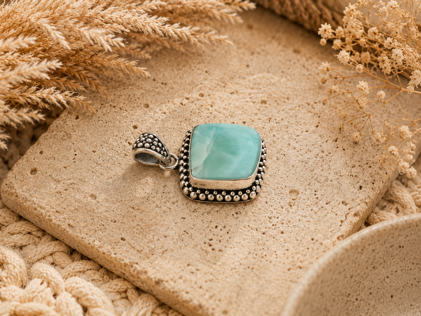Daphne Larimar Pendant Sterling Silver 925 | Handmade Bali Jewelry | Larimar Gemstone Necklace Pendant | Boho Silver Pendant | Gift for Her - immagine 2