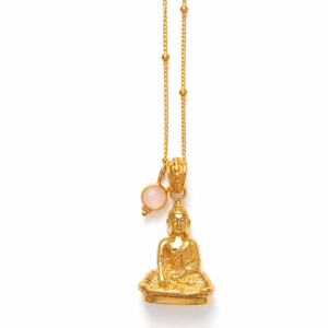 18K Gold Plated Buddha Necklace in 925 Sterling Silver | Spiritual Pendant Necklace with Quartz Pink Stone | Boho Meditation Jewelry GOLDEN DHARMA