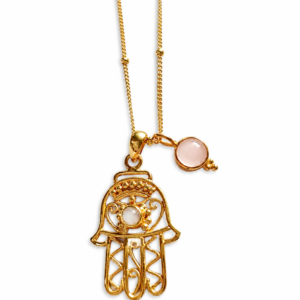 Boho Hamsa Hand Necklace Gold | Spiritual Protection Necklace with Pink Quartz Stone | Minimalist Bohemian Jewelry | Aretodia