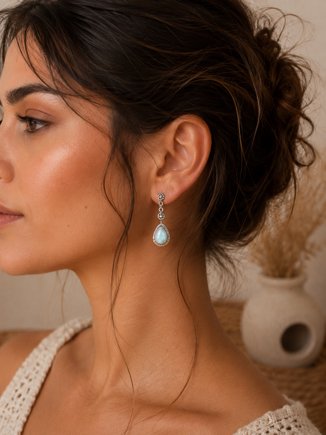 Isidora Larimar Drop Earrings Sterling Silver 925 | Boho Handmade Bali JewelryIsidora | Natural Blue Stone Earrings | Artisan Gift for Her - immagine 3