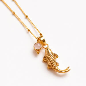 Matsya Koi Necklace in 925 Sterling Silver | 18K Gold Plated Fish Pendant with Pink Stone | Spiritual Boho Jewelry