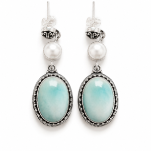 Ofelia Larimar Fresh Pearl Drop Earrings in Sterling Silver 925 | Handmade Boho Ocean Inspired Artisan Jewelry Gift
