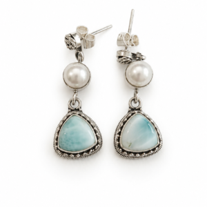 Rhea Larimar Fresh Pearl Earrings in Sterling Silver 925 | Handmade Ocean Inspired Boho Artisan Jewelry by Aretodia