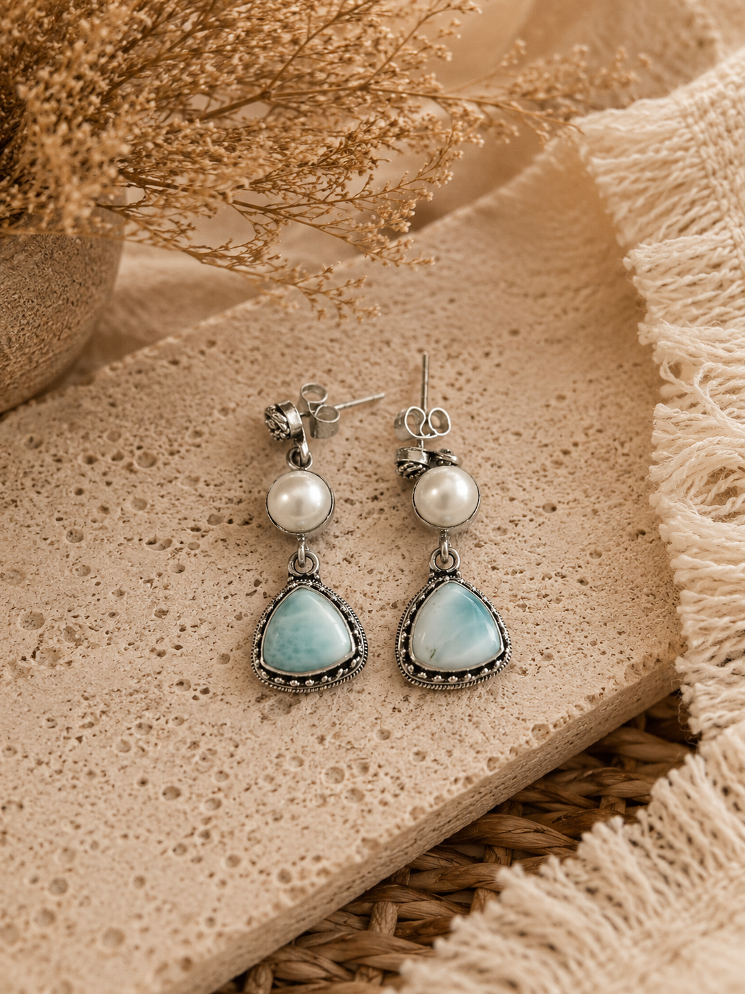 Rhea Larimar Fresh Pearl Earrings in Sterling Silver 925 | Handmade Ocean Inspired Boho Artisan Jewelry by Aretodia - immagine 3