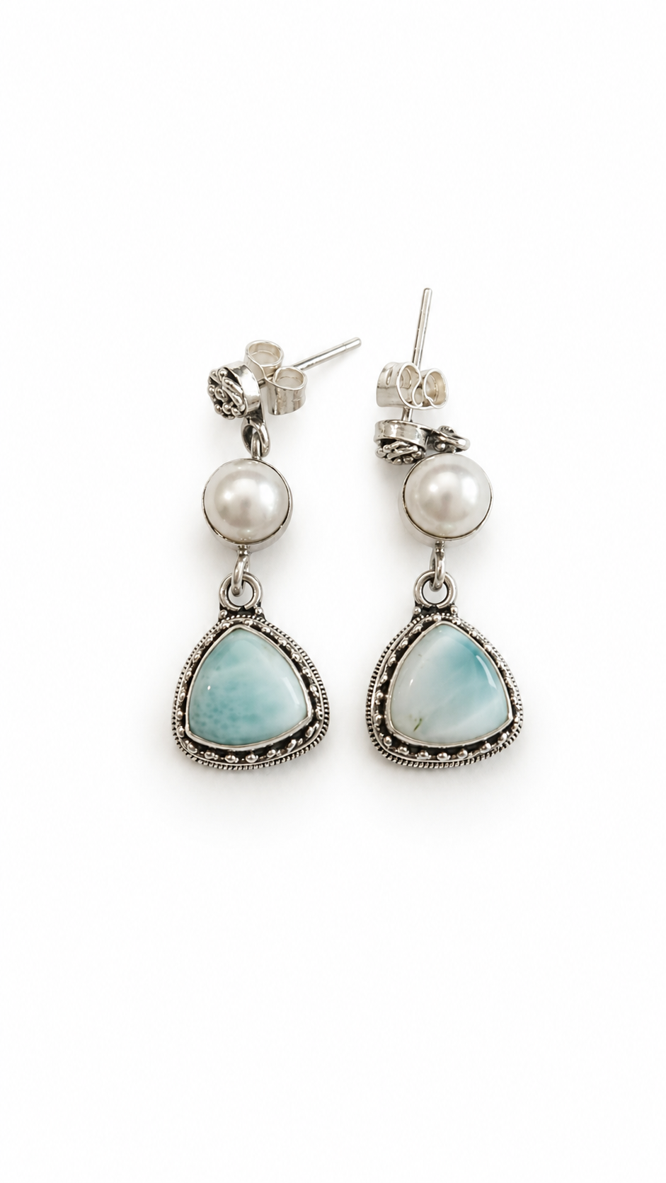 Rhea Larimar Fresh Pearl Earrings in Sterling Silver 925 | Handmade Ocean Inspired Boho Artisan Jewelry by Aretodia