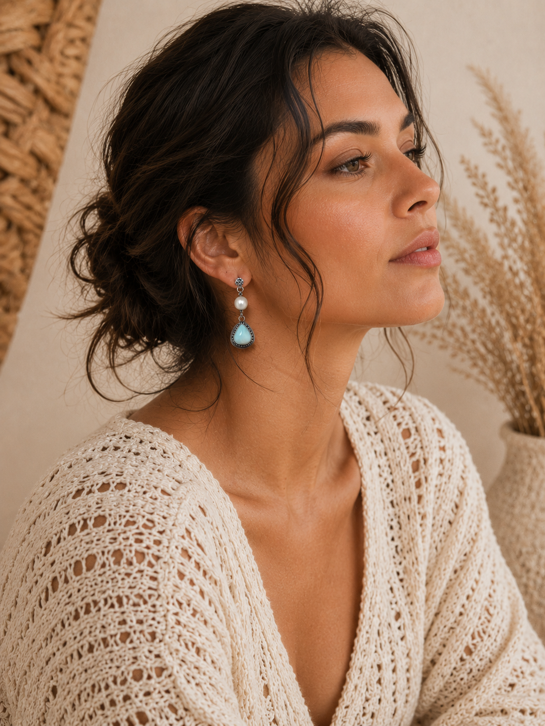 Rhea Larimar Fresh Pearl Earrings in Sterling Silver 925 | Handmade Ocean Inspired Boho Artisan Jewelry by Aretodia - immagine 5