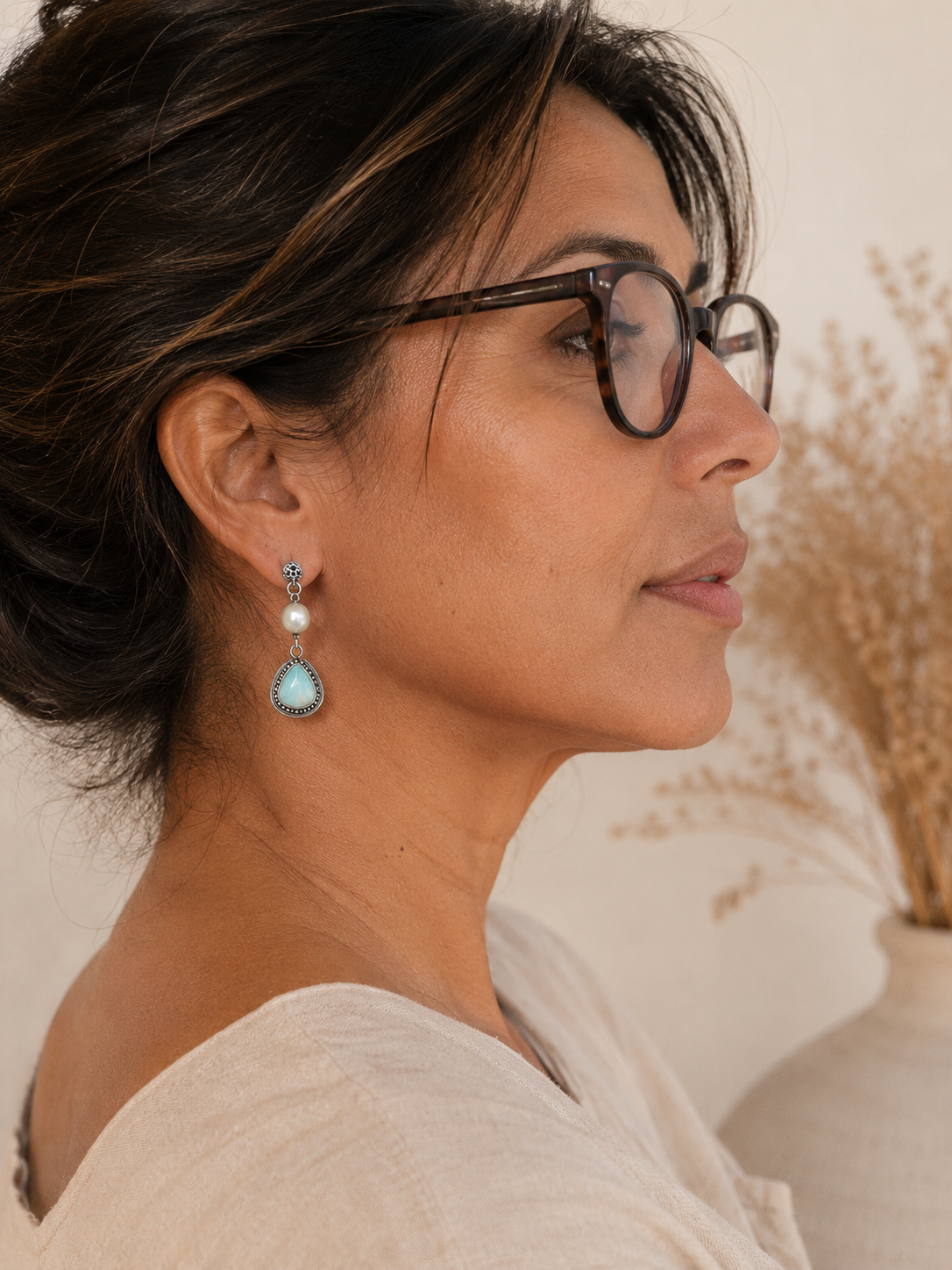 Rhea Larimar Fresh Pearl Earrings in Sterling Silver 925 | Handmade Ocean Inspired Boho Artisan Jewelry by Aretodia - immagine 4
