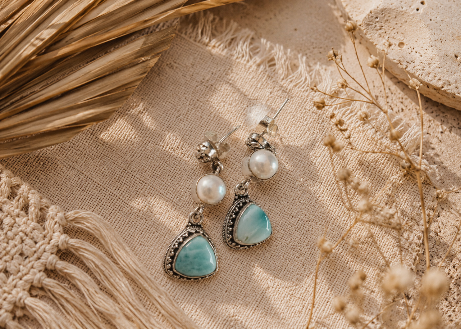 Rhea Larimar Fresh Pearl Earrings in Sterling Silver 925 | Handmade Ocean Inspired Boho Artisan Jewelry by Aretodia - immagine 2