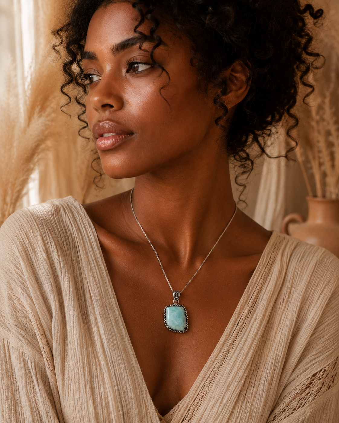 Thalia Larimar Pendant Sterling Silver 925 | Handmade Bali Jewelry | Ocean Blue Gemstone Pendant | Boho Necklace Pendant | Gift for Her - immagine 4