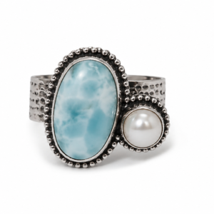 Cassia Ring – Larimar & Fresh Pearl Statement Ring in Sterling Silver | Handmade Boho Adjustable Ring | Ocean Inspired Jewelry