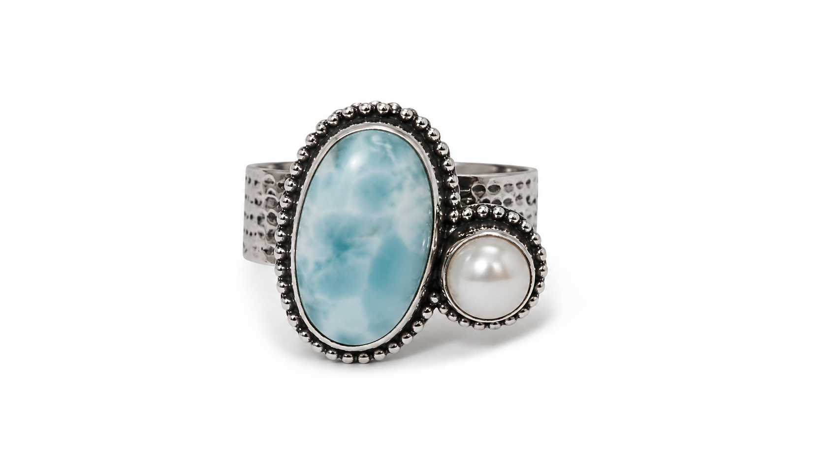 Cassia Ring – Larimar & Fresh Pearl Statement Ring in Sterling Silver | Handmade Boho Adjustable Ring | Ocean Inspired Jewelry