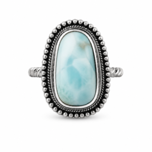 Cyra Larimar Ring – Sterling Silver Statement Ring – Handmade Boho Jewelry – Artisan Gemstone Ring – Ocean Blue Larimar Ring