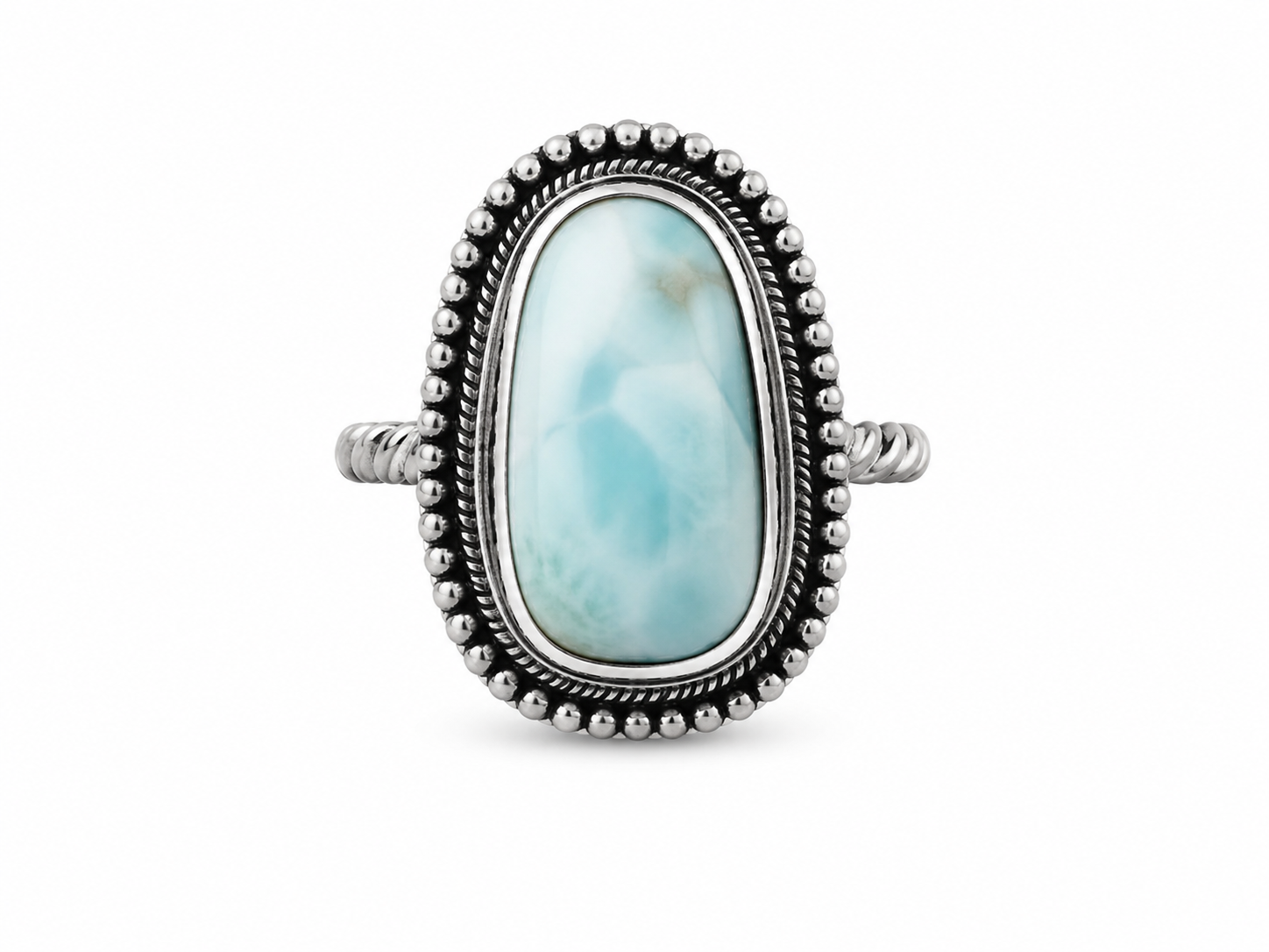 Cyra Larimar Ring – Sterling Silver Statement Ring – Handmade Boho Jewelry – Artisan Gemstone Ring – Ocean Blue Larimar Ring