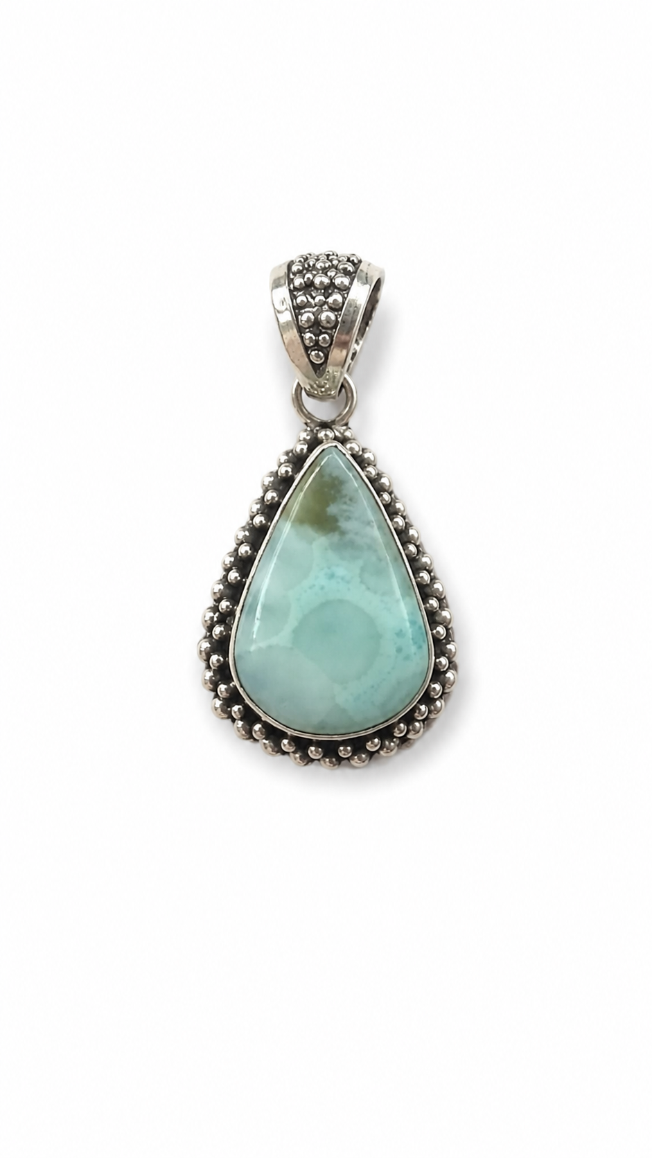 Damaris Larimar Teardrop Pendant | Sterling Silver 925 Necklace | Handmade Bali Jewelry | Blue Gemstone Pendant | Boho Artisan Jewelry