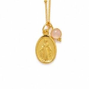 Sacred Grace Necklace in 925 Sterling Silver | 18K Gold Plated Virgin Mary Pendant with Pink Stone