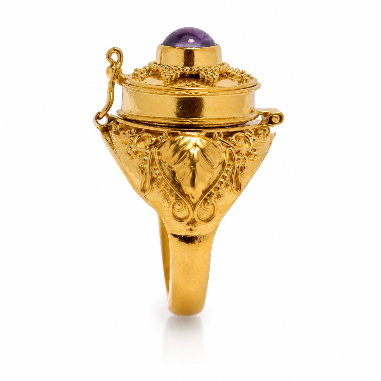 Secret Locket Ring with Amethyst | Gold Plated Sterling Silver 925 Ring | Hidden Compartment Ring | Artisan Boho Statement Jewelry - immagine 2