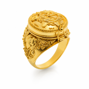 Gold plated sterling silver secret locket ring with hidden compartment and handcrafted decorative details by Aretodia.