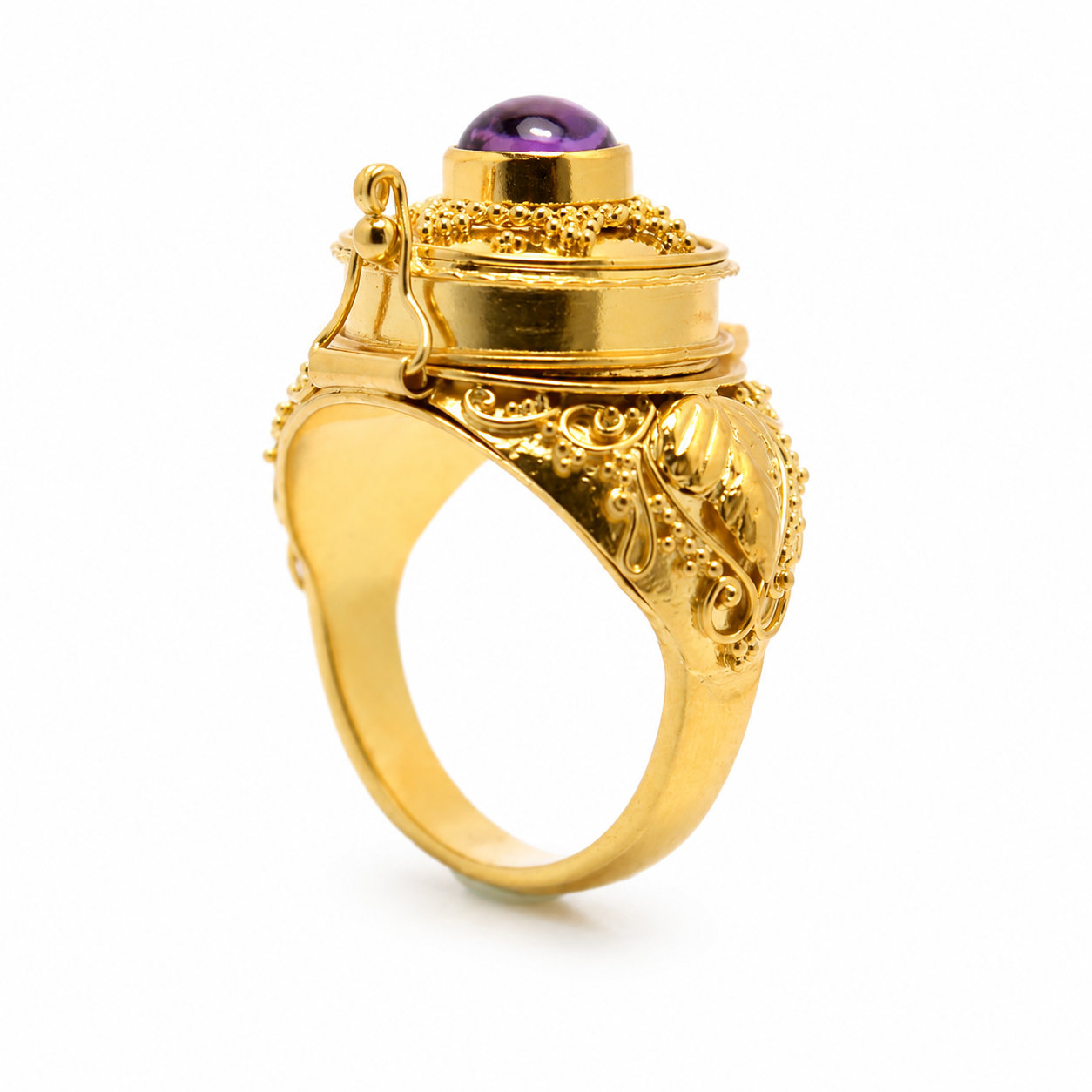 Secret Locket Ring with Amethyst | Gold Plated Sterling Silver 925 Ring | Hidden Compartment Ring | Artisan Boho Statement Jewelry - immagine 3