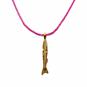 Amethyst Sardine Necklace, Pink Fuchsia Quartz Necklace, Gold Plated Sardine Pendant, Mediterranean Jewelry, Artisan Necklace