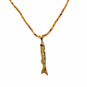 Tiger Eye Sardine Necklace – 18K Gold Plated Sardine Pendant with Amethyst Eye | Ocean Inspired Gemstone Necklace | Handmade Jewelry