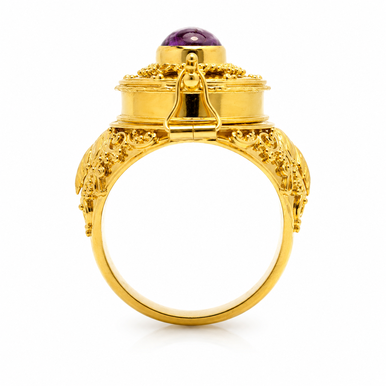 Secret Locket Ring with Amethyst | Gold Plated Sterling Silver 925 Ring | Hidden Compartment Ring | Artisan Boho Statement Jewelry - immagine 4