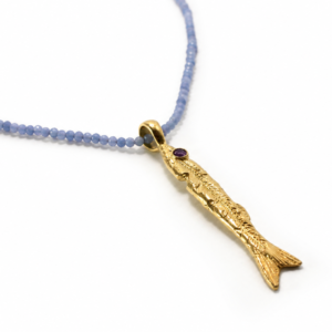 Angelite Sardine Necklace – 18K Gold Plated Sardine Pendant with Amethyst Eye | Ocean Inspired Gemstone Necklace | Handmade Jewelry