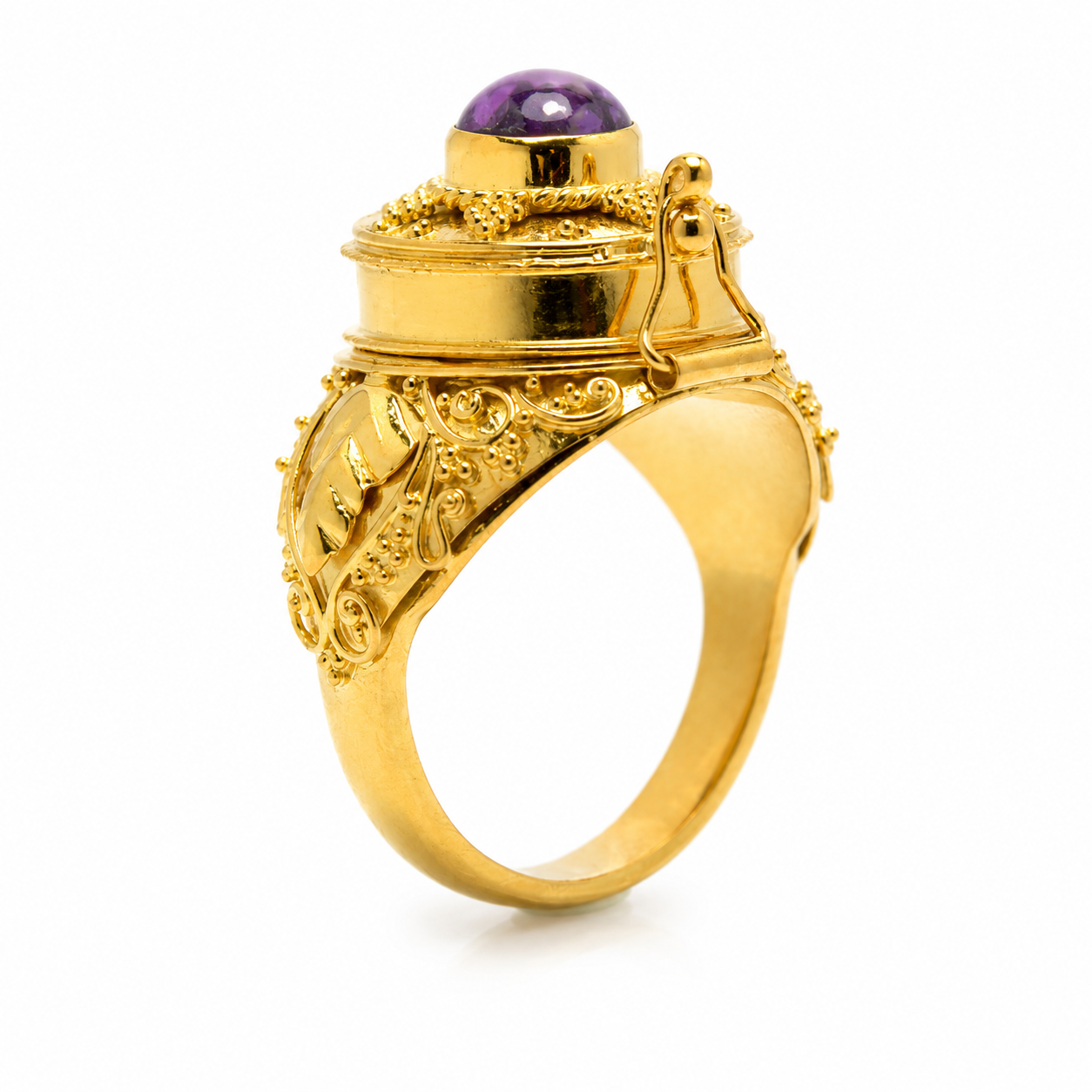 Secret Locket Ring with Amethyst | Gold Plated Sterling Silver 925 Ring | Hidden Compartment Ring | Artisan Boho Statement Jewelry - immagine 5
