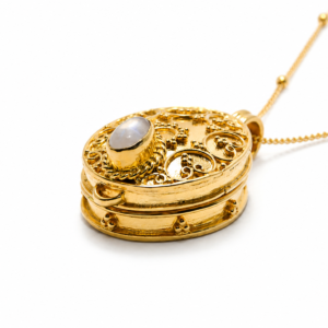 Moonstone Secret Keepsake Necklace – 18K Gold Plated Sterling Silver Locket Pendant – Hidden Message Jewelry – Handmade Bali Necklace