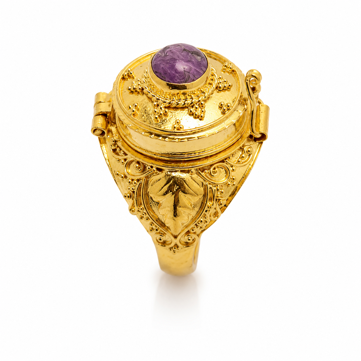 Secret Locket Ring with Amethyst | Gold Plated Sterling Silver 925 Ring | Hidden Compartment Ring | Artisan Boho Statement Jewelry - immagine 6