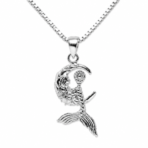 Mermaid Moon Necklace in Sterling Silver 925 | Mermaid on Crescent Moon Pendant | Celestial Ocean Jewelry | Handmade Gift for Her