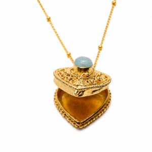 Heart Secret Locket Necklace with Larimar | 18K Gold Plated Sterling Silver Keepsake Pendant | Vintage Inspired Hidden Compartment Necklace