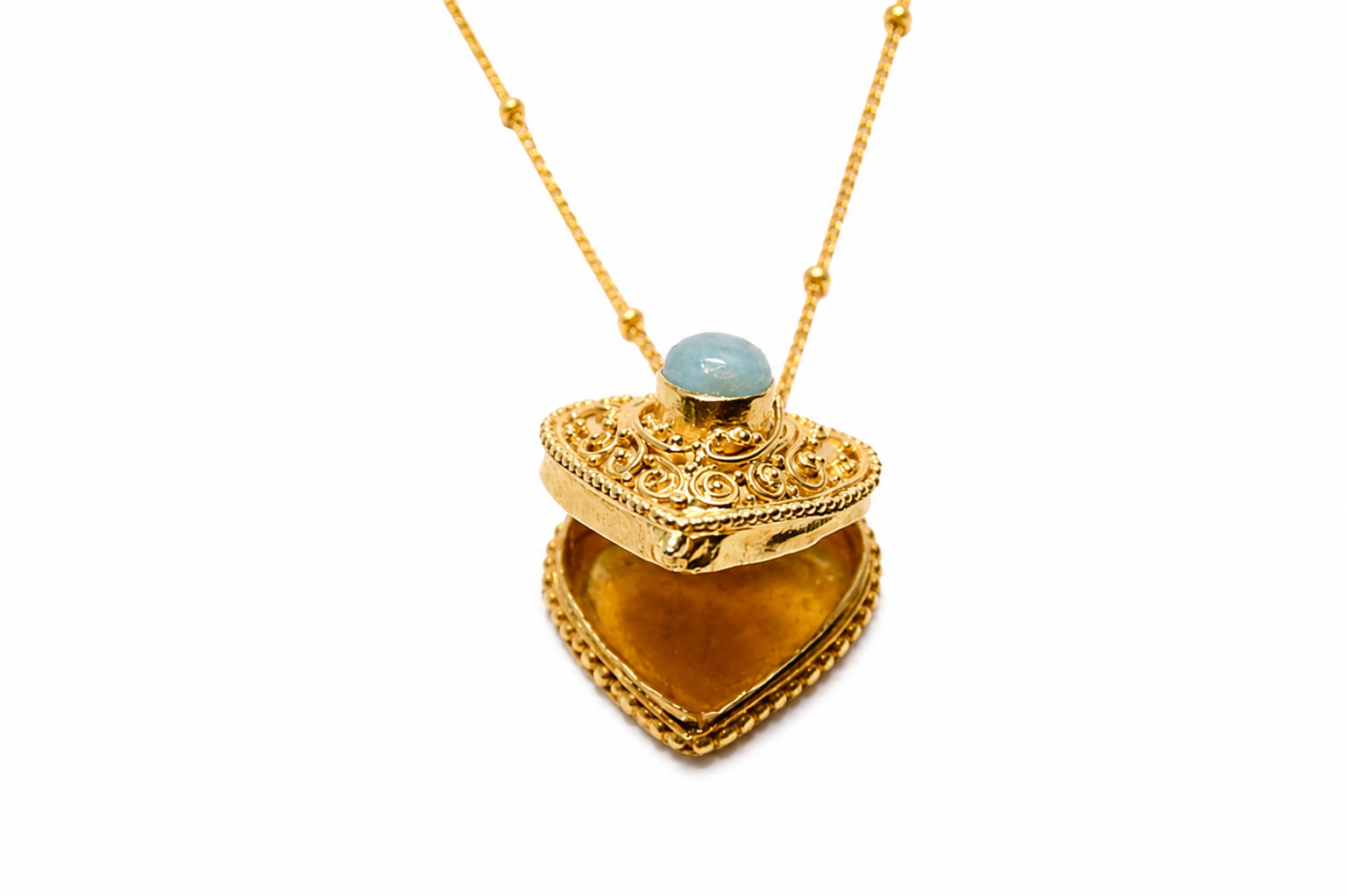 Heart Secret Locket Necklace with Larimar | 18K Gold Plated Sterling Silver Keepsake Pendant | Vintage Inspired Hidden Compartment Necklace