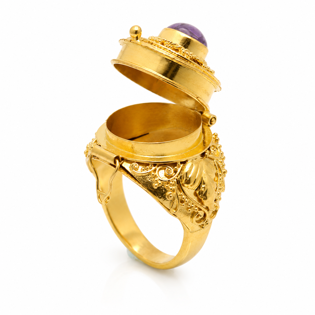 Secret Locket Ring with Amethyst | Gold Plated Sterling Silver 925 Ring | Hidden Compartment Ring | Artisan Boho Statement Jewelry - immagine 9