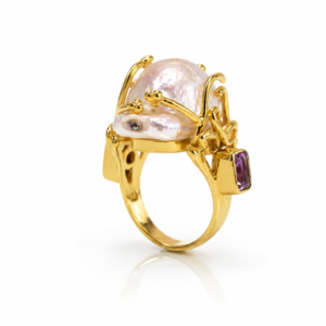 Flora Ring in Gold Plated Sterling Silver 925 | Mother of Pearl, Amethyst & Garnet Statement Ring | Handmade Artisan Jewelry