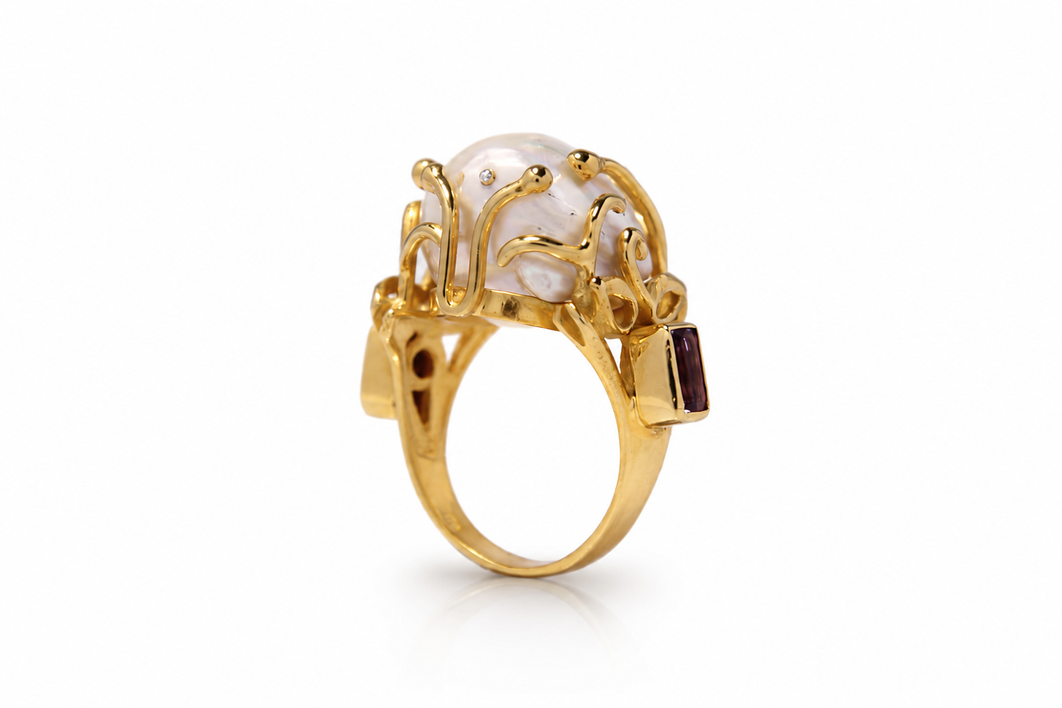 Sistina Ring – Baroque Pearl Statement Ring with Amethyst & Garnet | Handmade Sterling Silver Gold Plated Ring | Artisan Jewelry - immagine 4