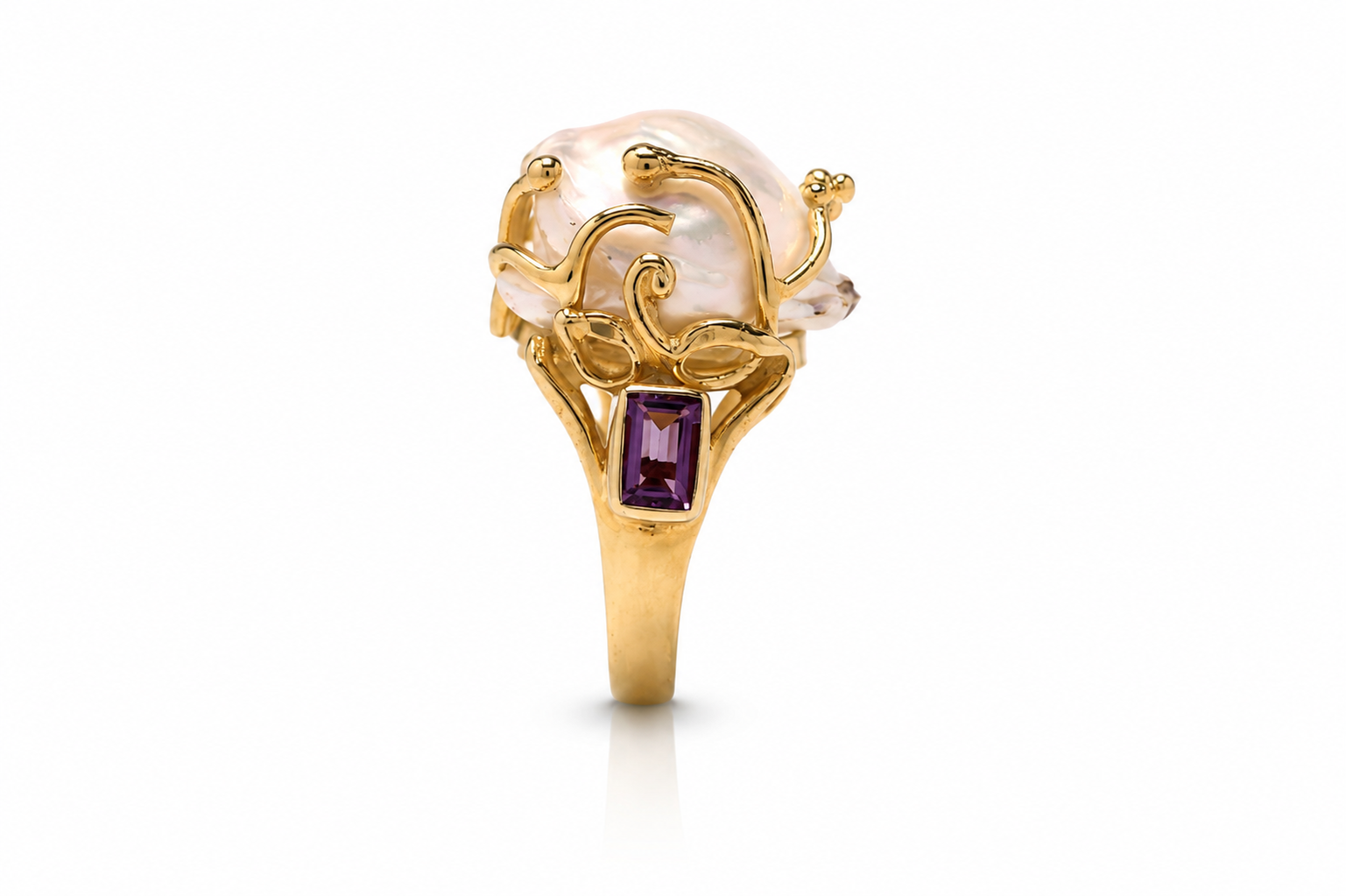 Sistina Ring – Baroque Pearl Statement Ring with Amethyst & Garnet | Handmade Sterling Silver Gold Plated Ring | Artisan Jewelry - immagine 6