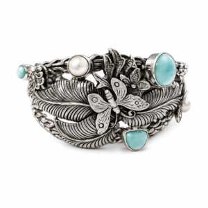 Athena Larimar Butterfly Cuff Bracelet – Sterling Silver 925 Boho Statement Bracelet – Handmade Bali Jewelry – Pearl Artisan Cuff for Women