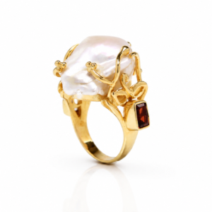 Calypso Baroque Pearl Ring in 18K Gold Plated Sterling Silver | Amethyst & Garnet Statement Ring | Handmade Artisan Jewelry