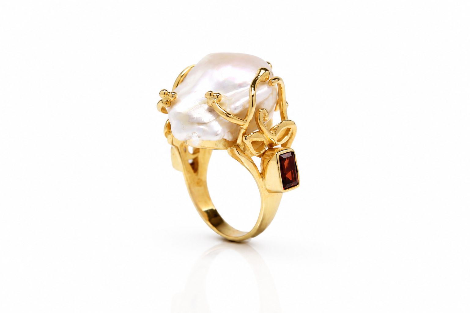 Calypso Baroque Pearl Ring in 18K Gold Plated Sterling Silver | Amethyst & Garnet Statement Ring | Handmade Artisan Jewelry