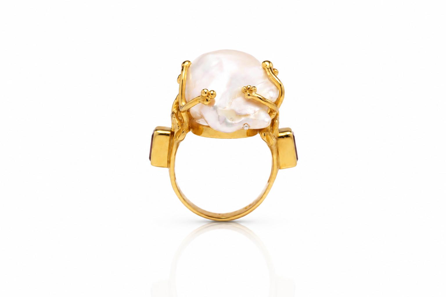 Calypso Baroque Pearl Ring in 18K Gold Plated Sterling Silver | Amethyst & Garnet Statement Ring | Handmade Artisan Jewelry - immagine 2