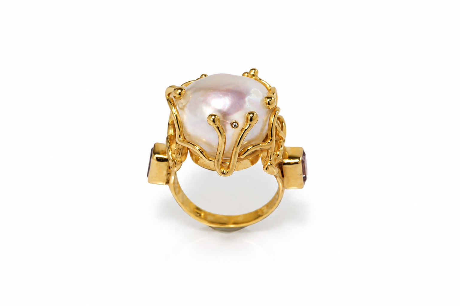 Calypso Baroque Pearl Ring in 18K Gold Plated Sterling Silver | Amethyst & Garnet Statement Ring | Handmade Artisan Jewelry - immagine 3