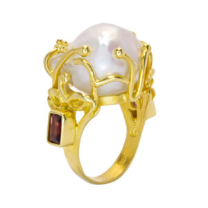 Nerissa Ring – Gold Plated Sterling Silver 925 Ring with Baroque Pearl, Garnet & Violet Amethyst| Handmade Statement Jewelry