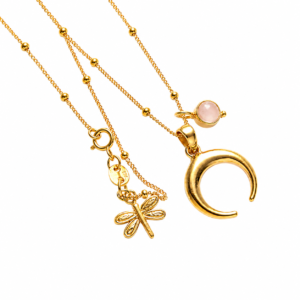 Selene Crescent Moon Necklace in Gold Plated with Rose Quartz Charm – Spiritual Boho Jewelry – Minimal Moon Pendant Necklace for Women